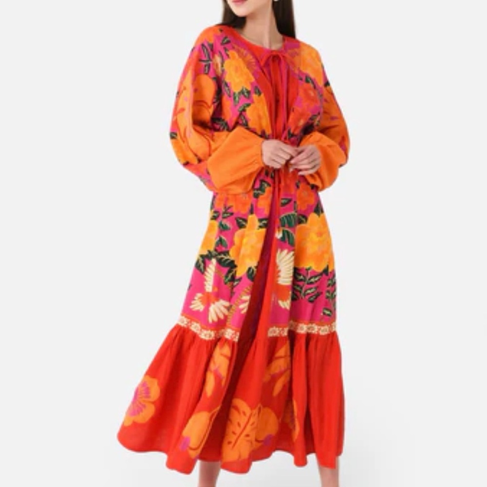 Farm Rio linen blend sunset patchwork dress